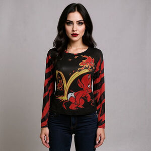 Dolls Kill Hot Stuff Casper Black Red Mesh Trusty Trident Long Sleeve Tee - Med